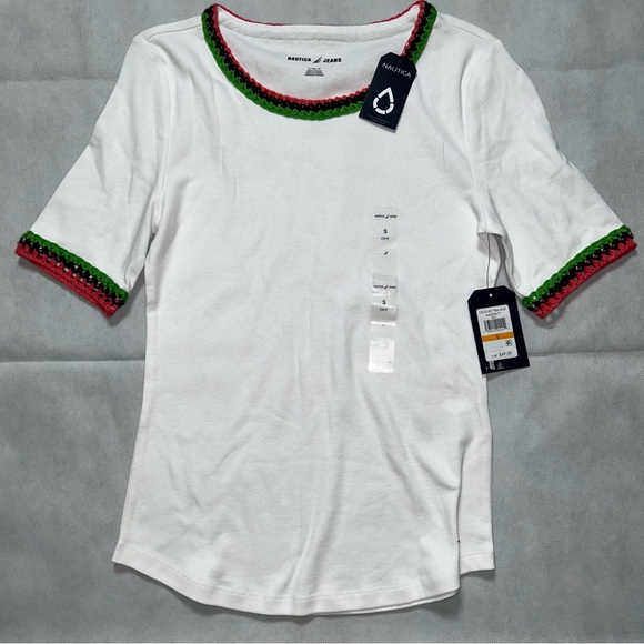 Nautica crochet trim white t-shirt NWT size small - Picture 1 of 3